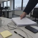A hand puts a thick stack of printouts down on a desk next to a mug and a banana