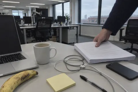 A hand puts a thick stack of printouts down on a desk next to a mug and a banana