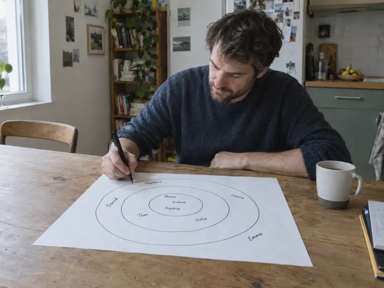 A man at a table drawing circles on a large sheet and writing names in the rings
