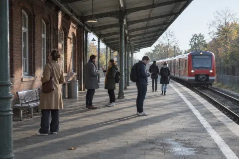 People waiting on a station platform in low morning sun as a red train pulls in