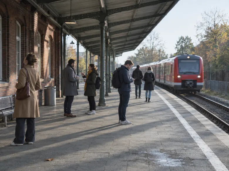 People waiting on a station platform in low morning sun as a red train pulls in