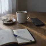 A small open notebook and a pen, a mug of tea and a phone on a wooden table by the window