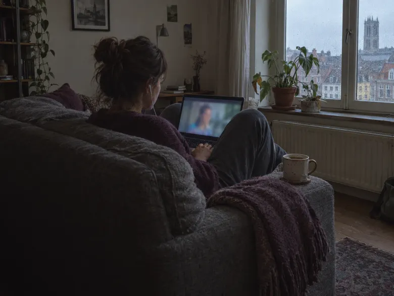 Een vrouw op een grijze bank kijkt een video op haar laptop, met regen op het raam achter haar