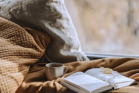 A cup of tea and an open book with reading glasses on a blanket in the sun