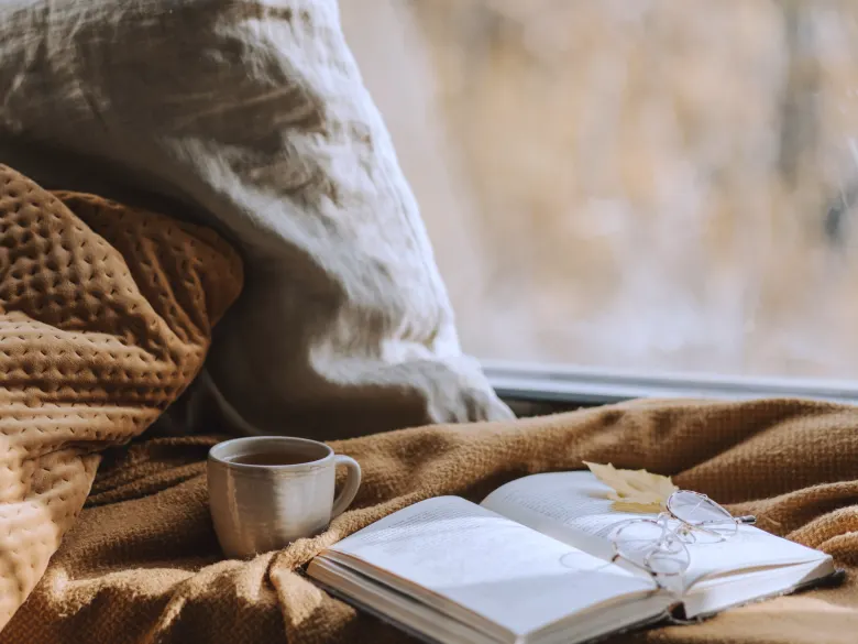 A cup of tea and an open book with reading glasses on a blanket in the sun