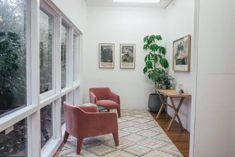 Two pink armchairs turned towards each other beside a wall of tall windows in a bright white room with a large plant.