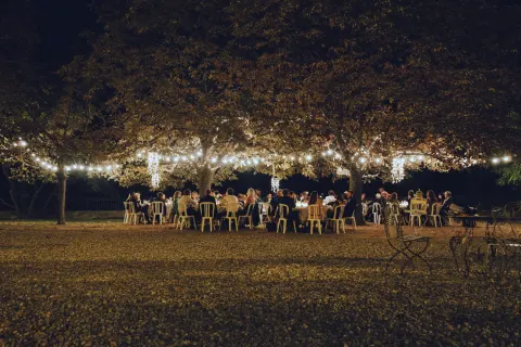 Wedding guests at dinner tables under big trees hung with small lights, seen from across a dark lawn
