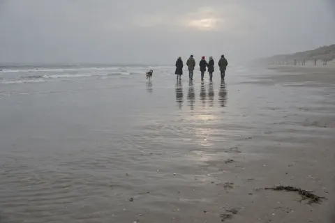 A small group of friends and a dog walking along a wide, grey winter beach